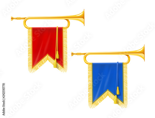 Golden royal horn trumpet with blue and red banner. Musical