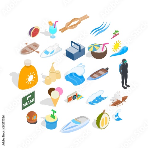 Cozy beach icons set. Isometric set of 25 cozy beach vector icons for web isolated on white background