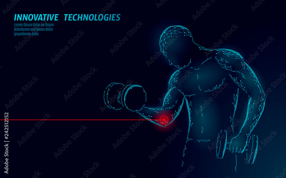 Man training with dumbbell elbow injury. Red painful area polygonal sports medicine abstract concept. Strong bodybuilding hurt pain fitness problem. Healthcare sportsman vector illustration Man training with dumbbell elbow injury. Red painful area polygonal sports medicine abstract concept. Strong bodybuilding hurt pain fitness problem. Healthcare sportsman vector illustration