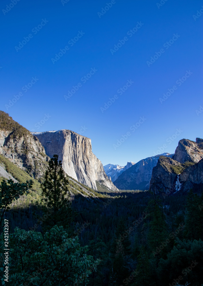 Vertical View of Winter Sun on Yosemite Valley