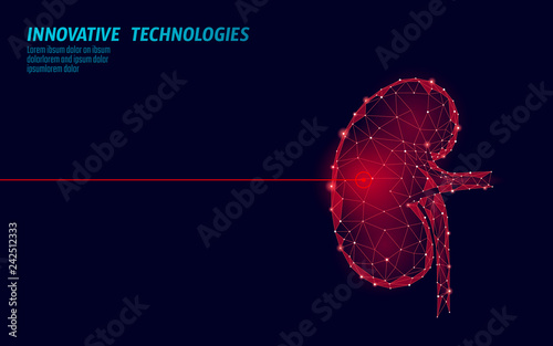 Human kidneys laser surgery operation low poly. Medicine disease drug treatment painful area. Red triangles polygonal 3D render shape. Pharmacy stones cancer recovery template vector illustration