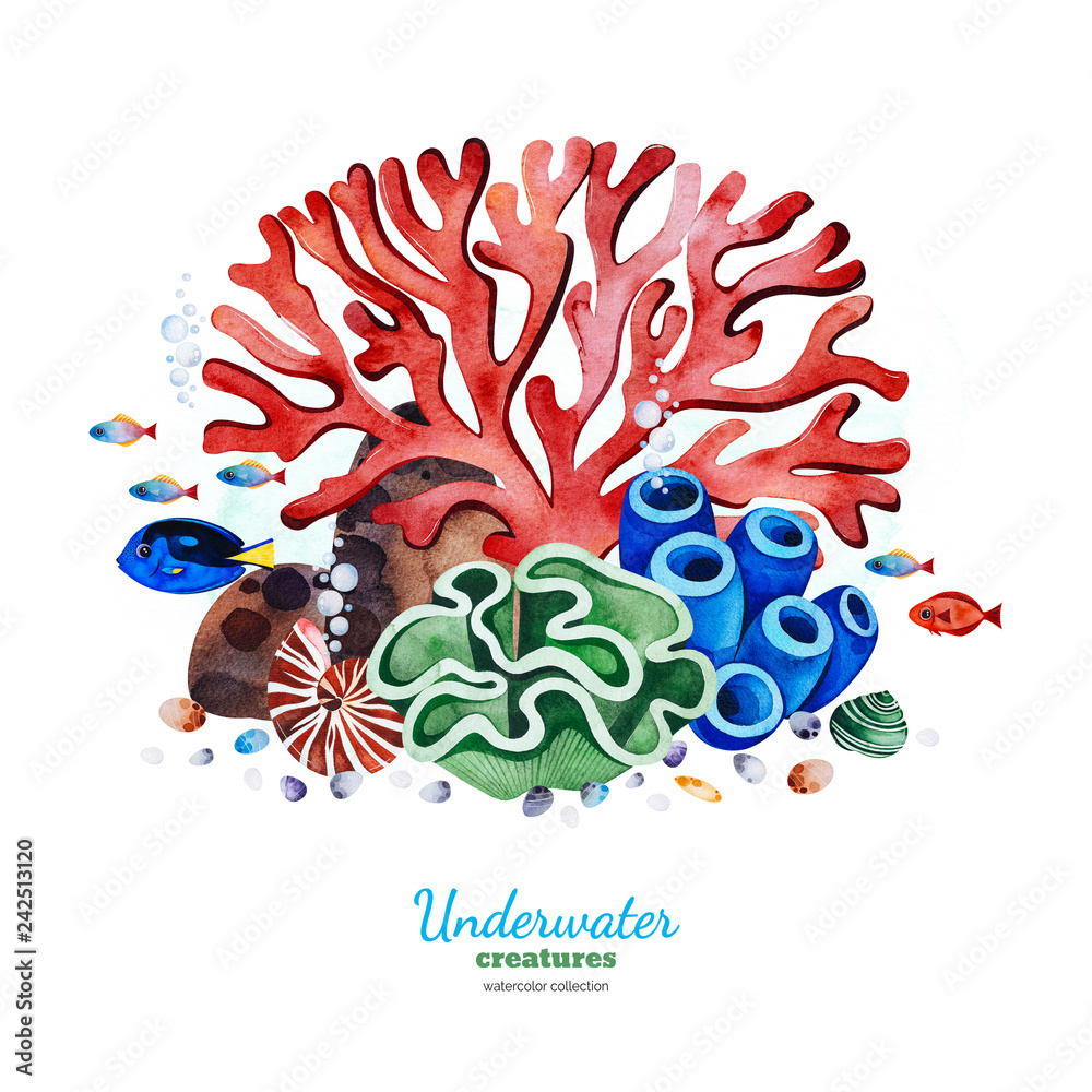 Obraz premium Podwodne stworzenia. Akwarelowa kompozycja z wielobarwnymi koralowcami, muszelkami, wodorostami i tropikalnymi rybami. Idealna na zaproszenia, dekoracje na przyjęcia, do druku, projekt rzemieślniczy, kartki okolicznościowe, blog, tekstura.