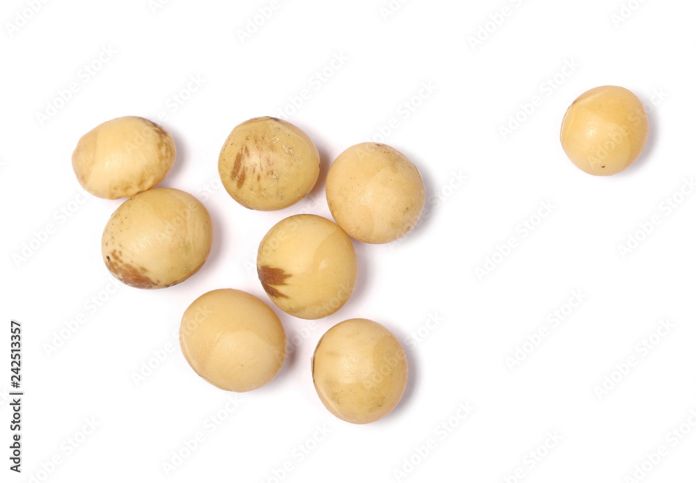 Organic raw soybeans, isolated on white background, top view Organic raw soybeans, isolated on white background, top view