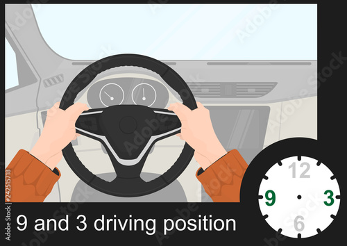 Driving safety. The right position of the hands on the steering wheel. 9 and 3 driving position. Flat vector.