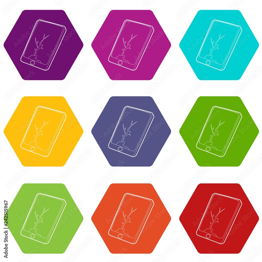Gadget crack screen icons 9 set coloful isolated on white for web Gadget crack screen icons 9 set coloful isolated on white for web