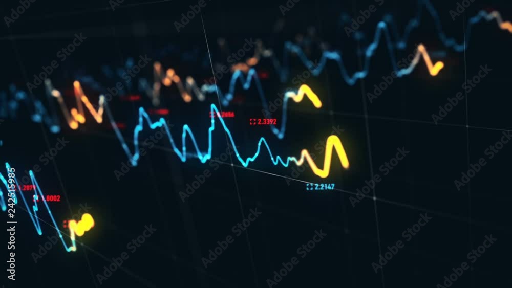 Animation growth of abstract charts with changing values of check points on dark background. Animation of seamless loop.