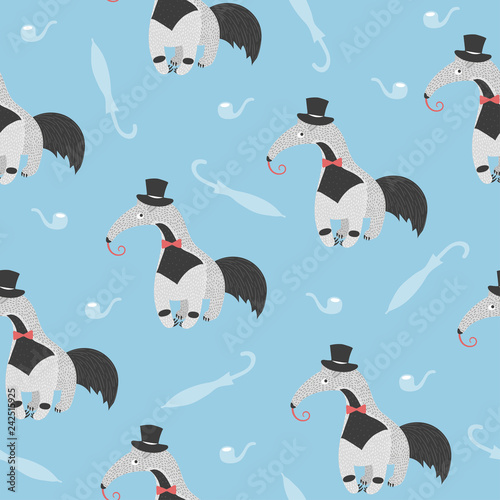 Seamless pattern with cute ant eater. Little gentleman vector illustration.