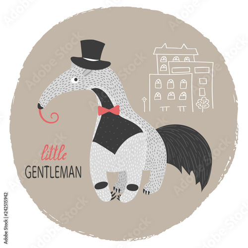 Cute cartoon ant eater. Little gentleman vector illustration. Baby print.
