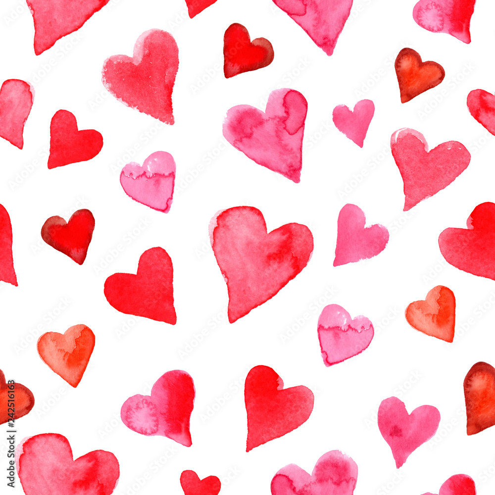 Watercolor hearts seamless pattern on a white background. Hand drawn illustration