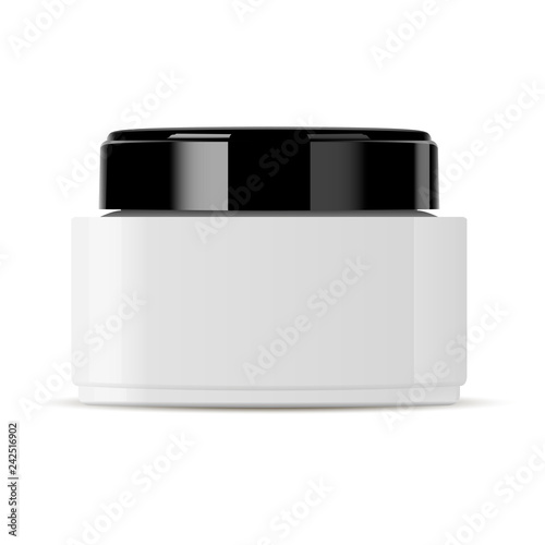 Opaque Glass Jar for Cosmetic Cream with Black Glossy Plastic Cap. Luxury Brand Premium Powder Beauty Container. Realistic 3d Creme Packaging Mockup Template. Facial Product Illustration.