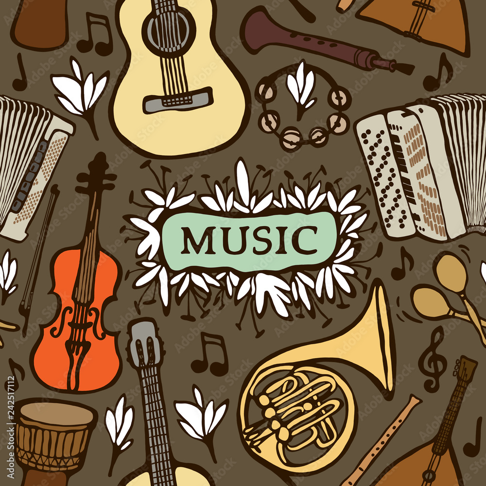 Set of Cartoon hand-drawn doodles Musical instruments illustration. Colorful seamless pattern background with violin, guitar, accordion. trumpet and abstract objects