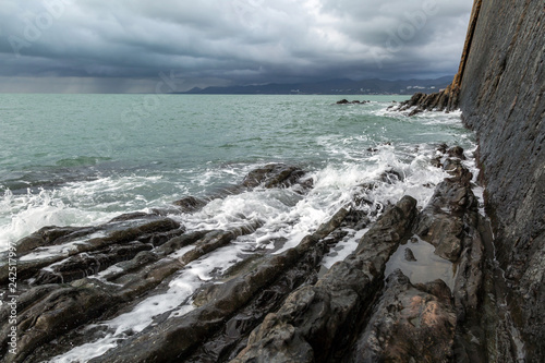 Coast of black sea. Rock of the Kisilev in stormy weather.