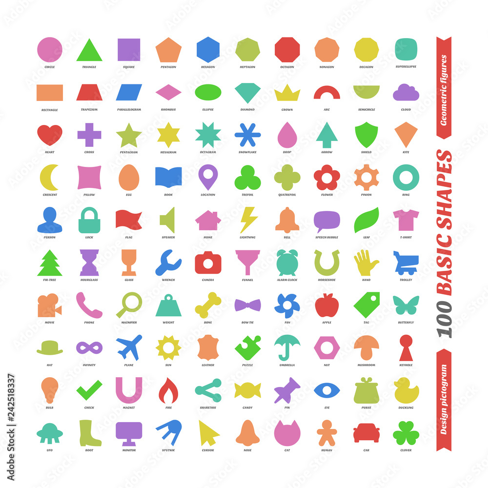 Vetor do Stock: Large color vector set basic shapes. Kids flat geometric  figures school collection. Isolated design pictogram. Simple shape. Circle,  triangle, square, trapezium, parallelogram, rhombus, superellipse.