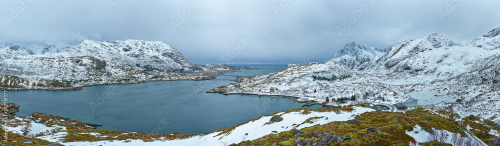 Panorama of norwegian fjord, Lofoten islands, Norway