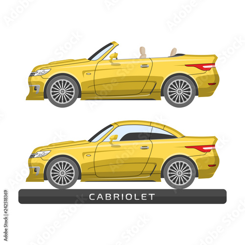 Flat car model. Luxury cabriolet. Convertible automobile set with top and open-air type. Modern transportation mockup.