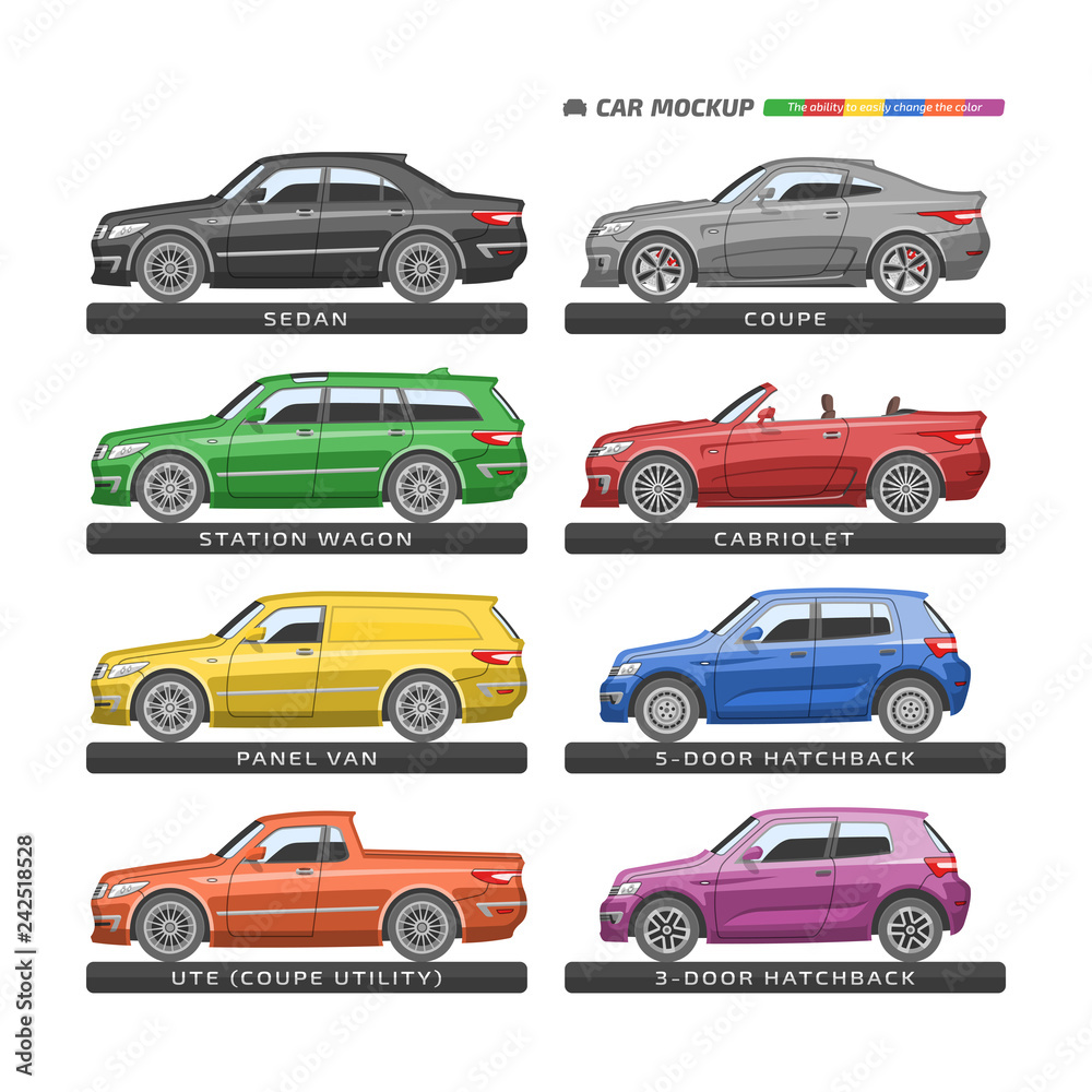 Color vector car type template. Isolated colorful sedan, station wagon, panel van, utility coupe, hatchback, coupe and cabriolet mockup.