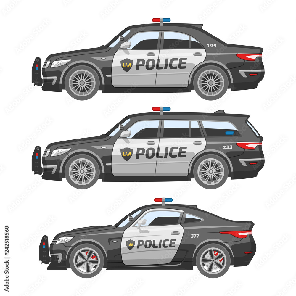  Flat american police cars collection. Vector illustration sedan, station wagon and coupe patrol. Different safety automobile set. Protection vehicles.