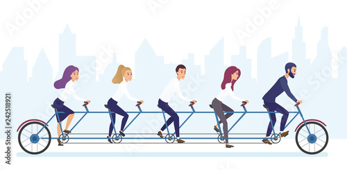 Group of office business people riding bicycle together. Tandem bicycle teamwork concept brvyot illustration.