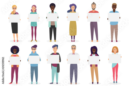 Different positive smiling people are holding placards for text. A sheet of paper in the hands of man and woman set vector illustration.