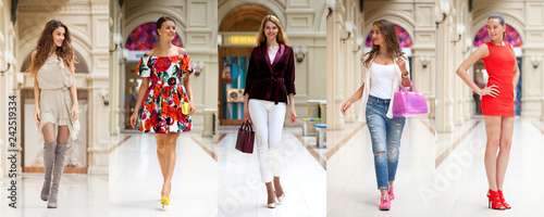 Collage of five different young women in bright fashionable clothes