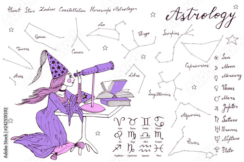 hand drawn stargazer astrologer girl with long hair and dress is looking to the telescope
