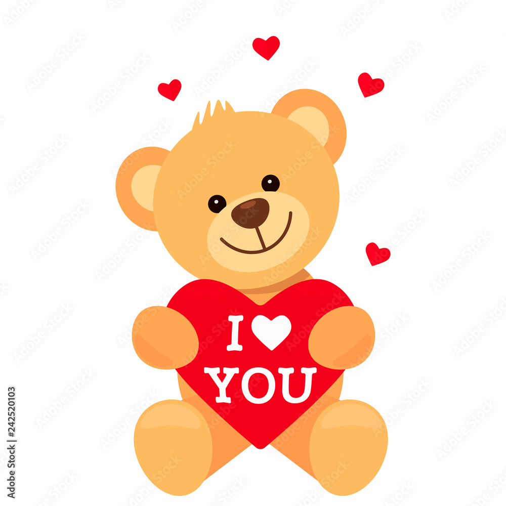 Obraz premium Funny character Teddy holds in his paws a big heart with the words I love you. The concept of Valentine's Day, wedding, Valentine's Day.