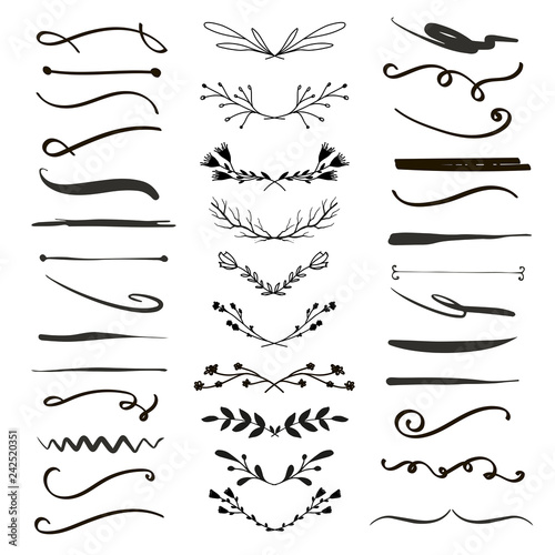 Line borders, text dividers and laurel design elements. Vector illustration