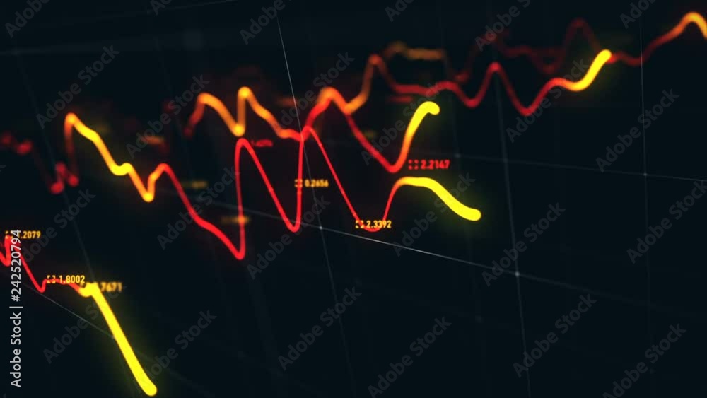 Animation growth of abstract charts with changing values of check points on dark background. Animation of seamless loop.