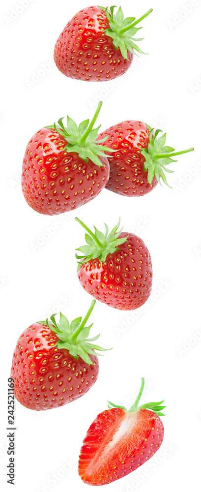 Isolated strawberries. Falling strawberry fruits isolated on white background with clipping path Isolated strawberries. Falling strawberry fruits isolated on white background with clipping path