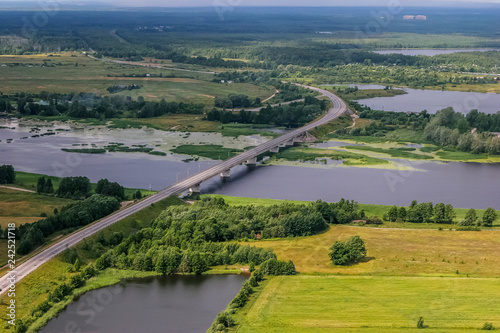 Aerial view of river Lielupe bridge in Latvia.