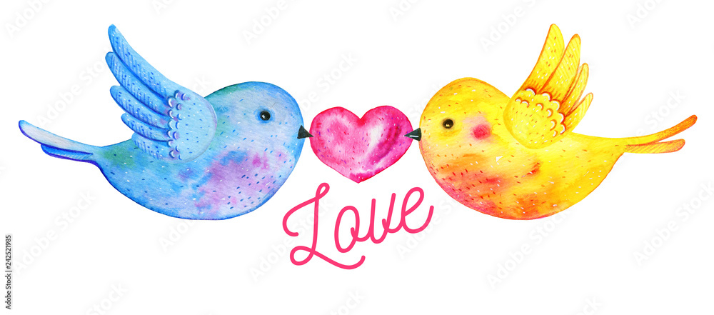 Love birds couple flying with heart and title Love birds couple flying with heart and title