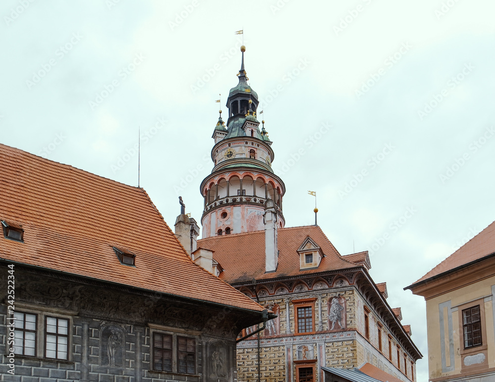 View of castle tower in Cesky Krumlov, Czech Republic