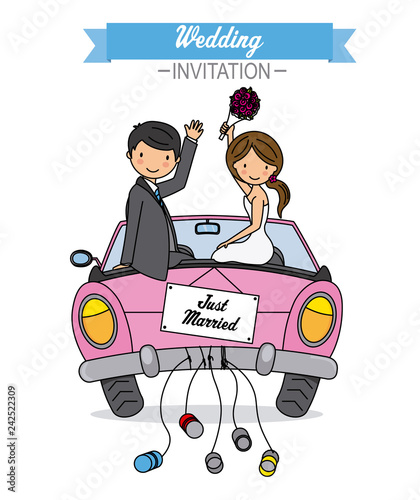 wedding card. Newlyweds go by car.