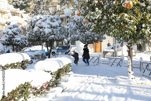 Fototapeta Naklejka Na Ścianę i Meble -  Beautiful winter morning snow covered streets of Athens, Greece, 8th of January 2019.