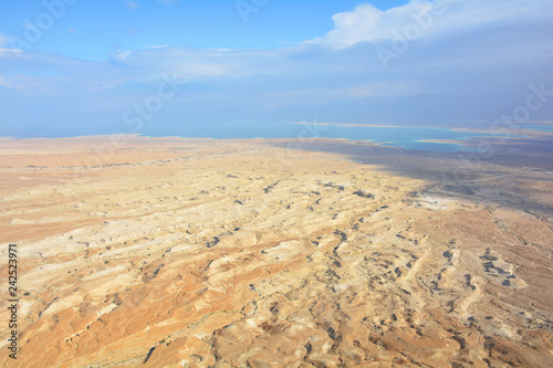 The Dead Sea and desert panoramic view from Masada fortress, Israel