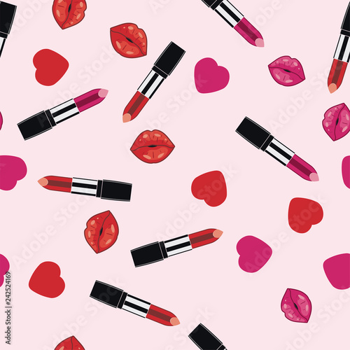 vector makeup pattern. lipsticks, hearts and lips