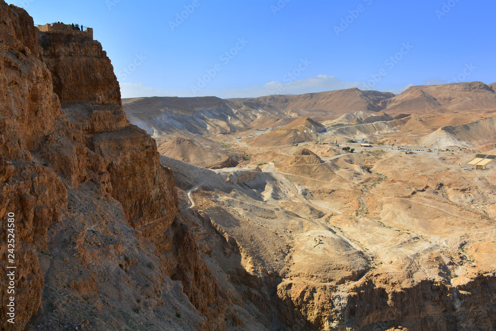 Judean desert and mountains panoramic view from Masada fortress, Israel