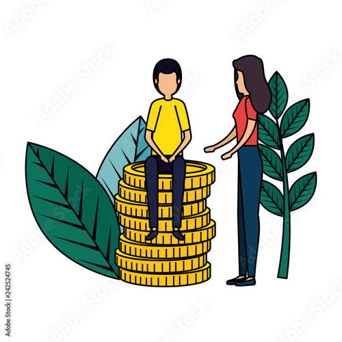 business couple with coins and plants