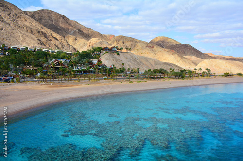 Mountain and coral reef in the Red sea, Israel, Eilat. Panoramic landscape view photo