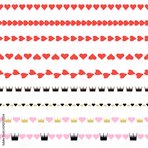 The set of seamless patterns with hearts and crowns. Vector.