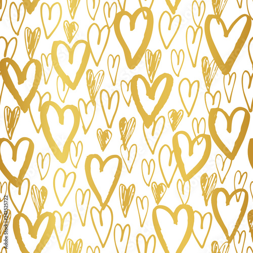 Hand Drawn Doodle Golden Hearts Valentine's Day vector Seamless Pattern. Modern Graffity Cutout Silhouettes Background