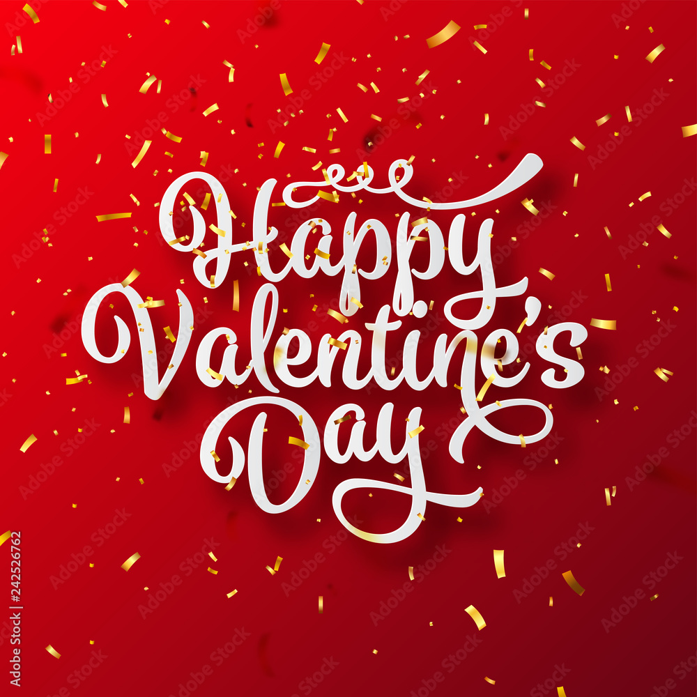 Valentines Day Love Lettering With Golden Confetti. February 14 Handwritten Romantic Greeting Card Text. Vector Illustration.