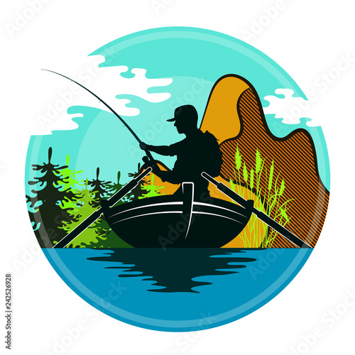Fisherman with a fishing rod in a boat and mountains