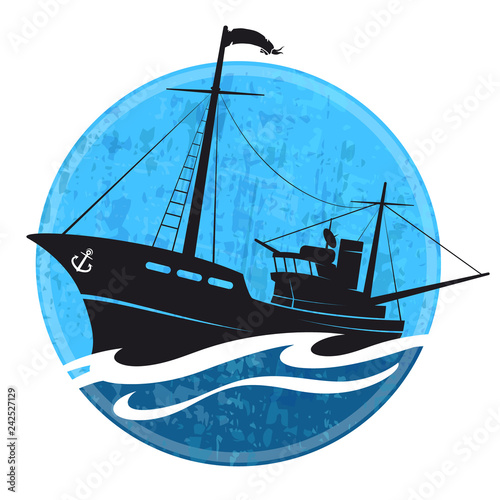 Fishing boat on a blue wave vector
