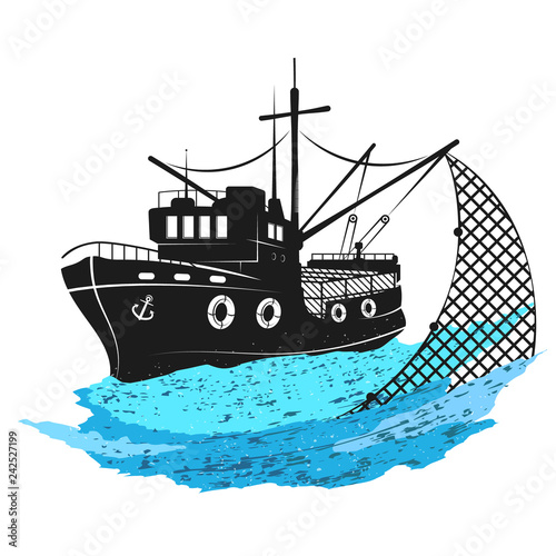 Fishing boat on the waves with nets