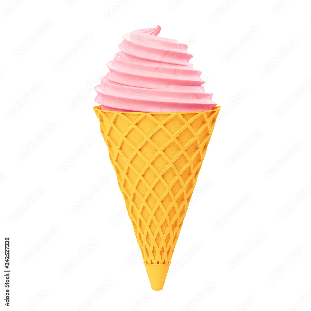 Pink ice cream in a waffle cone. 3D render. 3D illustration.