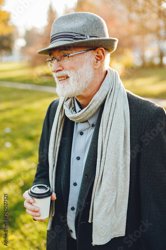 Elegant old man in a sunny autumn park 