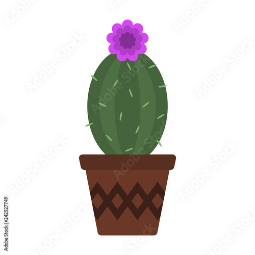 Blooming Cactus Illustration - Cute cactus with pink bloom growing in terra cotta pot