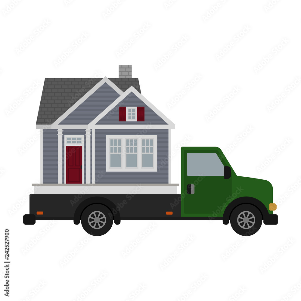 Moving Day House and Truck Illustration - Green moving truck hauling away a small gray cottage house with red door on moving day