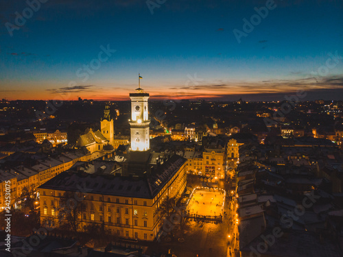 aerial view of capital building in center of european city at sunset in winter time